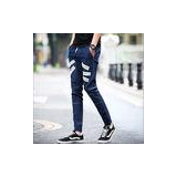 White Striped Skinny Mens Tapered Jeans Customized Logo Distressed Wash